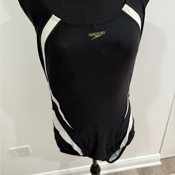 Speedo Black Swimsuit with White Stripes - Picture 1 of 8